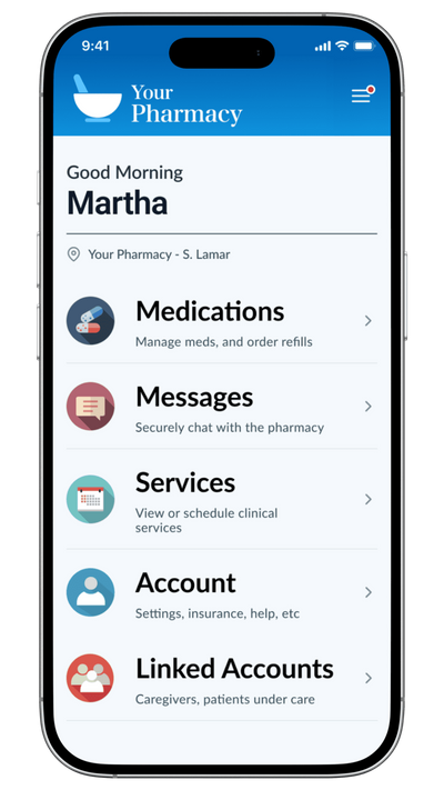 Patient portal app home screen with shortcuts for medications, messages, services, and account