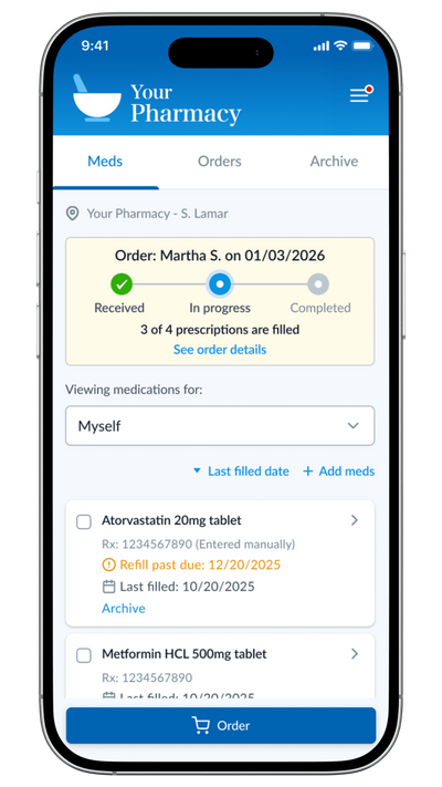 Patient portal app showing a medication list with order status and refill details